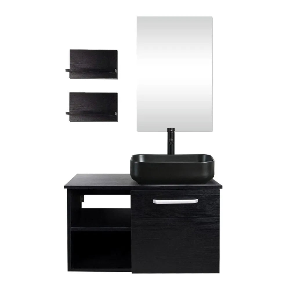 28'' Floating Bathroom Vanity Black Cabinet with Sink Vessel Side Shelves Mirror - Joanie B 25