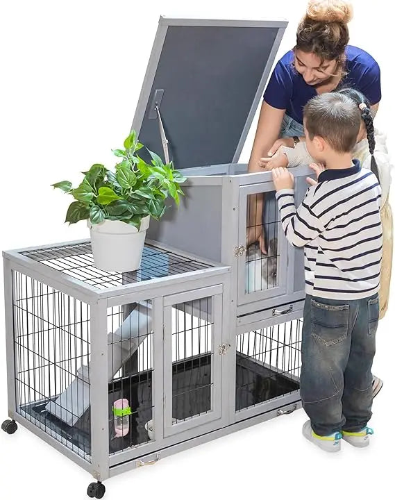 Large 39 Inch Wooden Rabbit Hutch Indoor Outdoor Two-Story Bunny Cage with Wheels Removable Trays and Easy Assembly - Joanie B 25