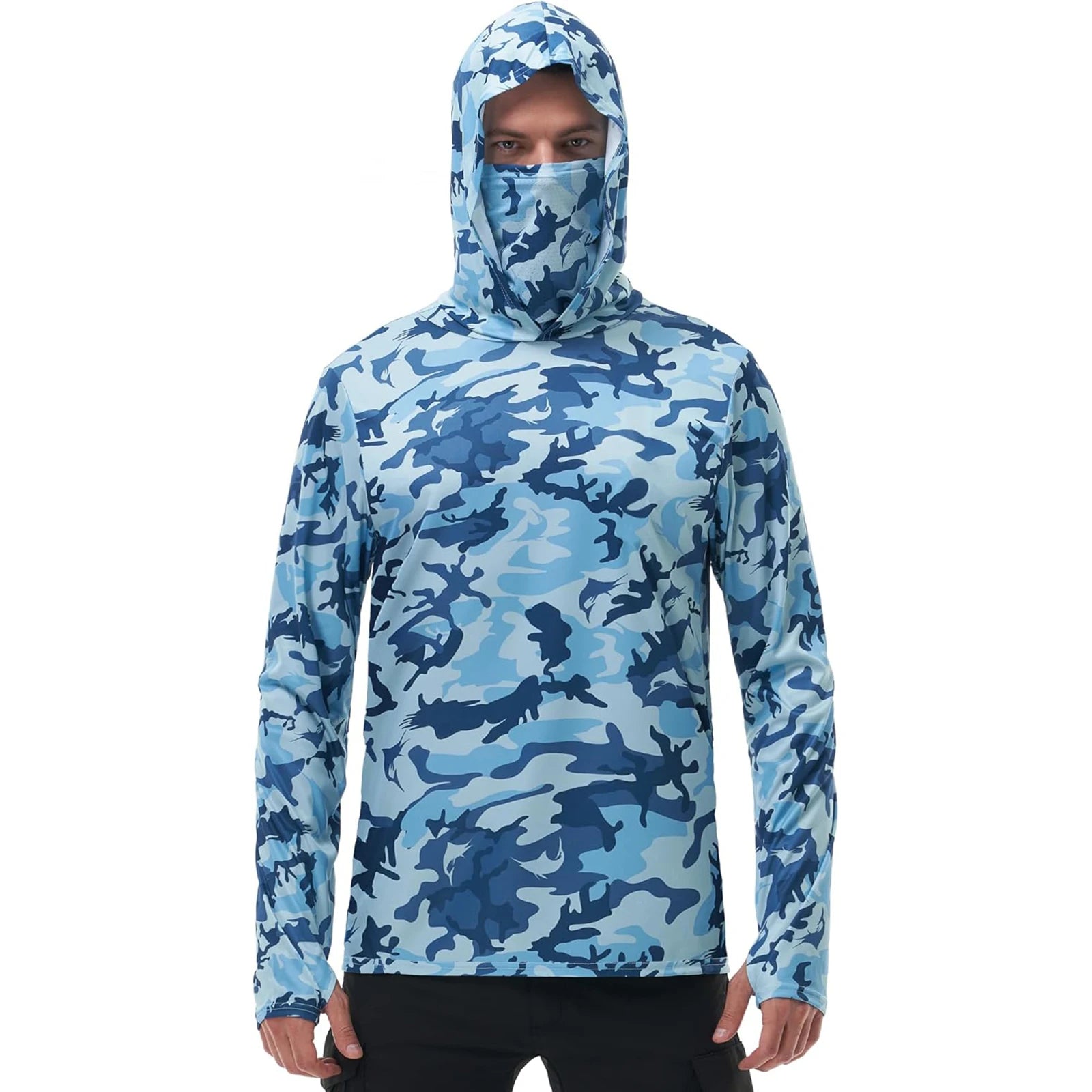 Men's Fishing Shirt Camo Print Hoodie with Built-in Face Mask - Joanie B 25