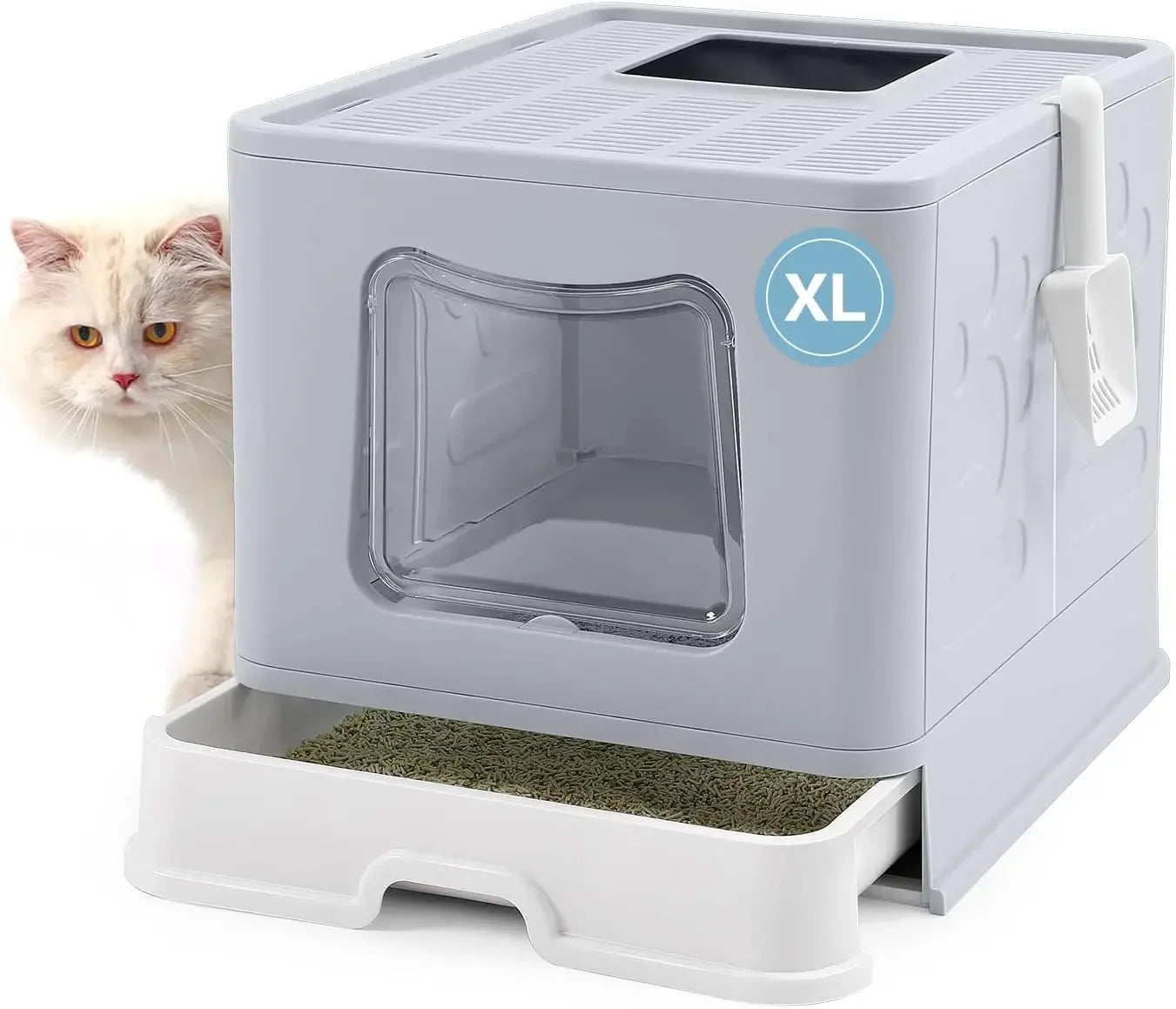Foldable Cat Litter Box with Lid Extra Large Scoop Drawer Type Pan Easy to Scoop and Low Tracking - Joanie B 25