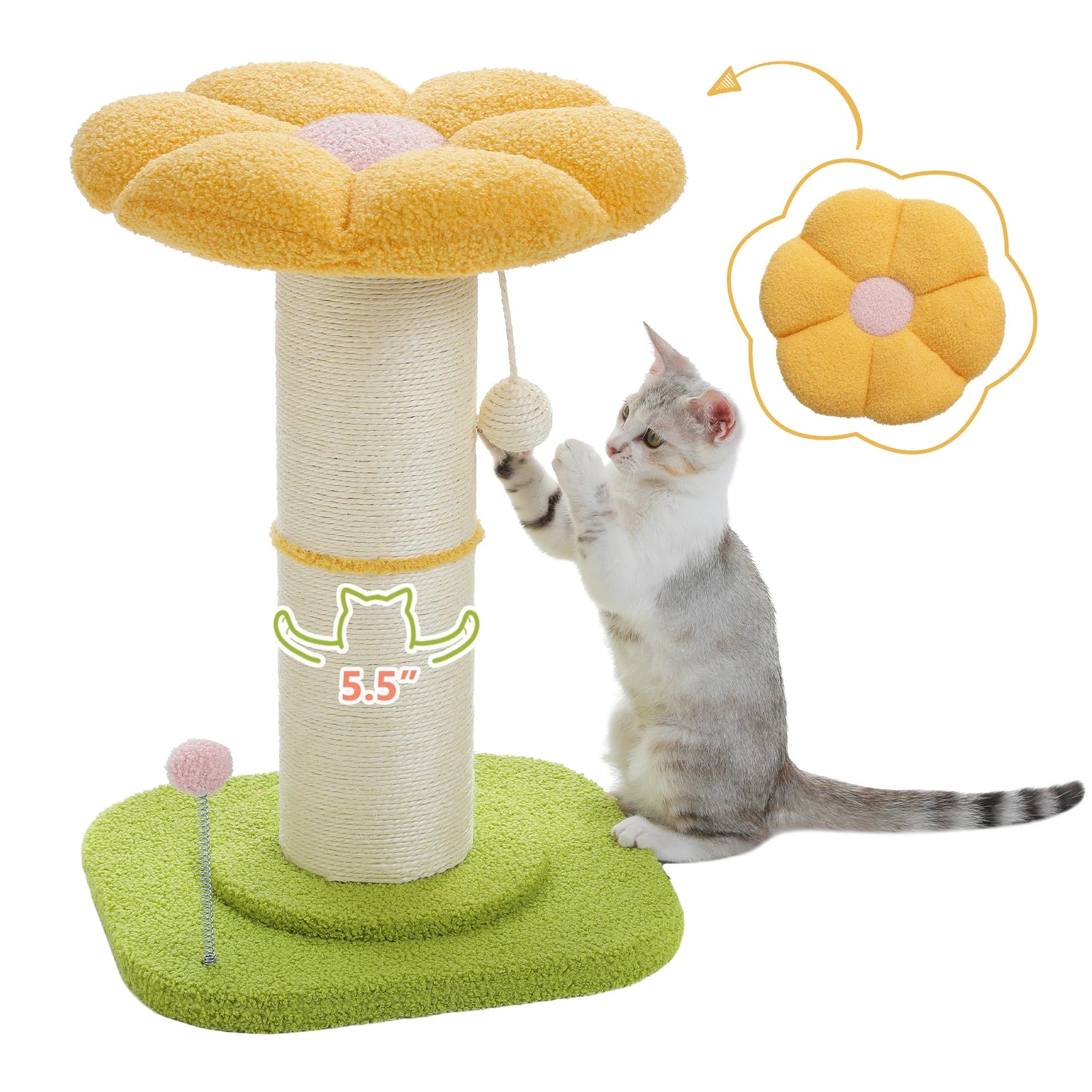 Flower Cat Scratching Post Small Cat Tree Tower with Removable Bed and Super Thick Sisal Post for Indoor Cats - Joanie B 25