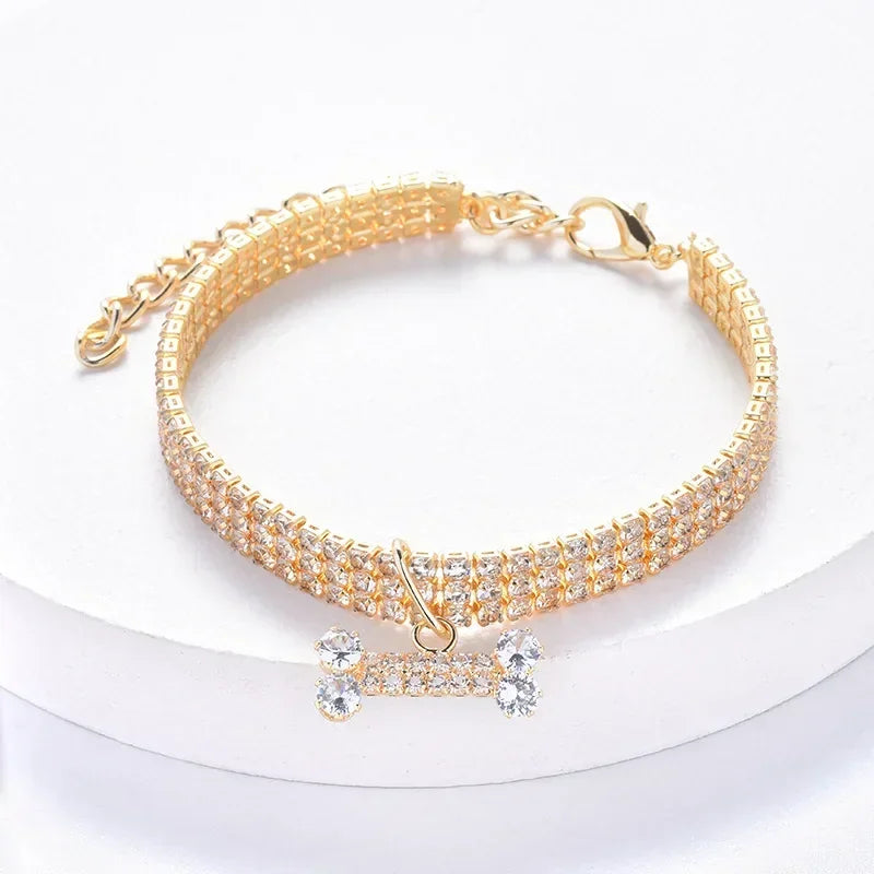 Adjustable Pet Necklace Diamond Zircon Bone Pendant Collar