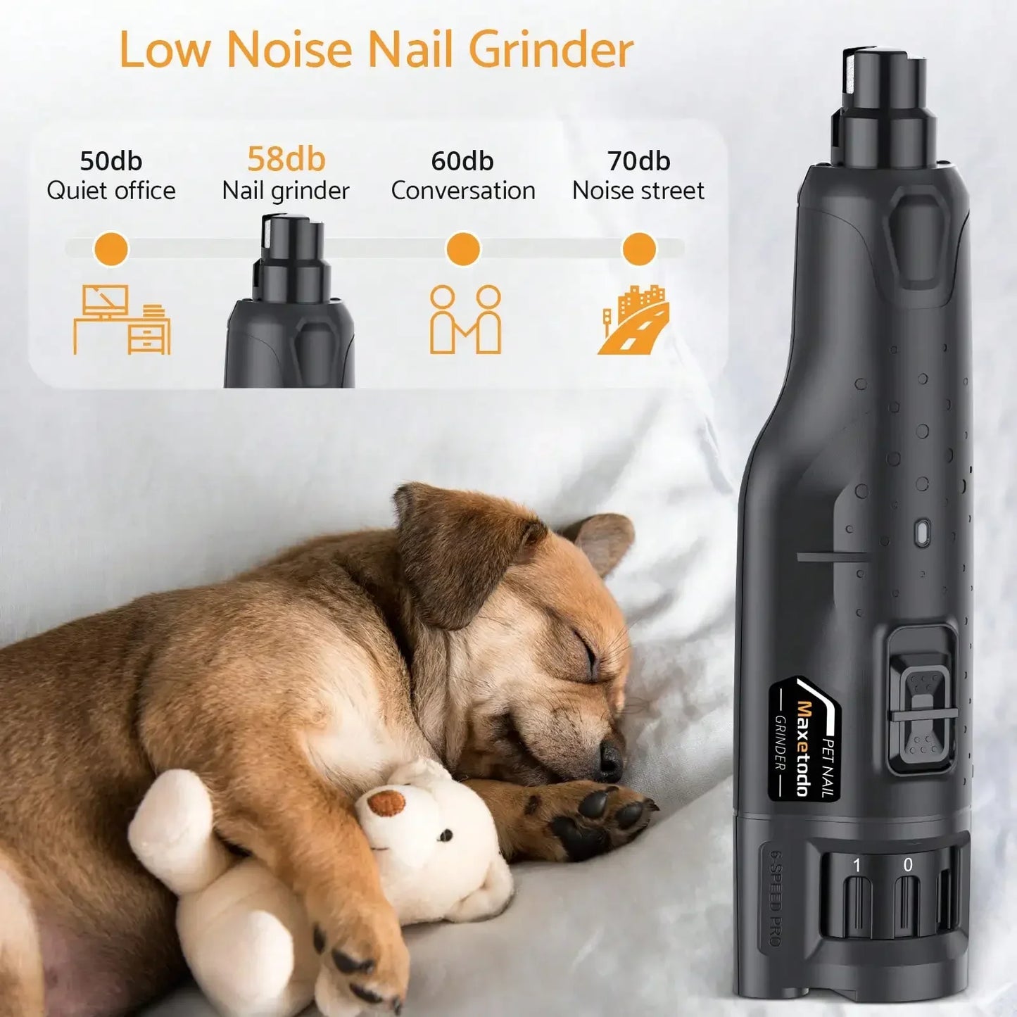 Quiet USB Rechargeable Dog Nail Grinder With 6 Speeds LED