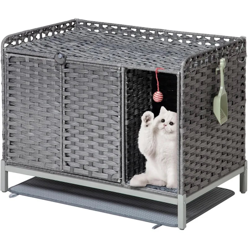 Cat Litter Box Enclosure Furniture with Divider Handwoven Rattan Litter Box with Mat 31.2x19.6x24.2 Inches Metal Heightened - Joanie B 25