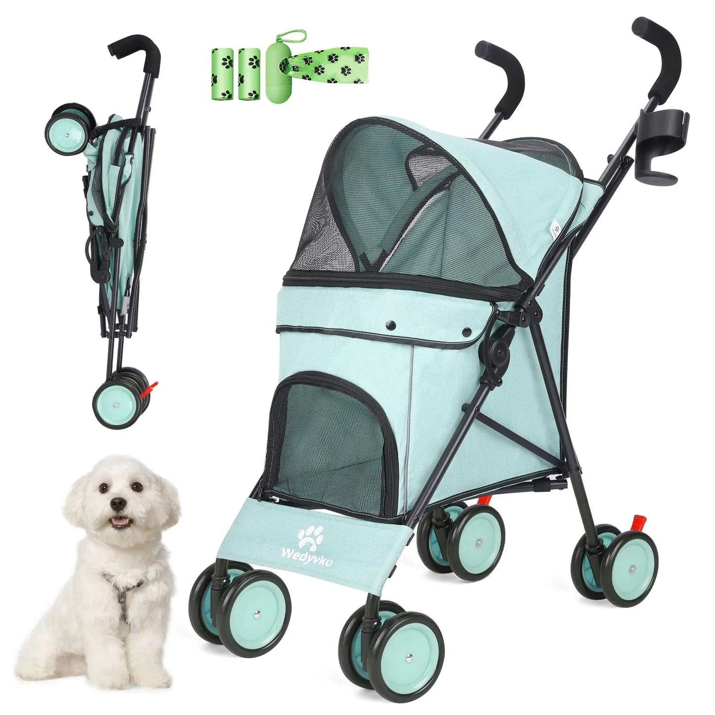 Pet Dog Stroller 4 Wheels Rotating Brakes Storage Travel