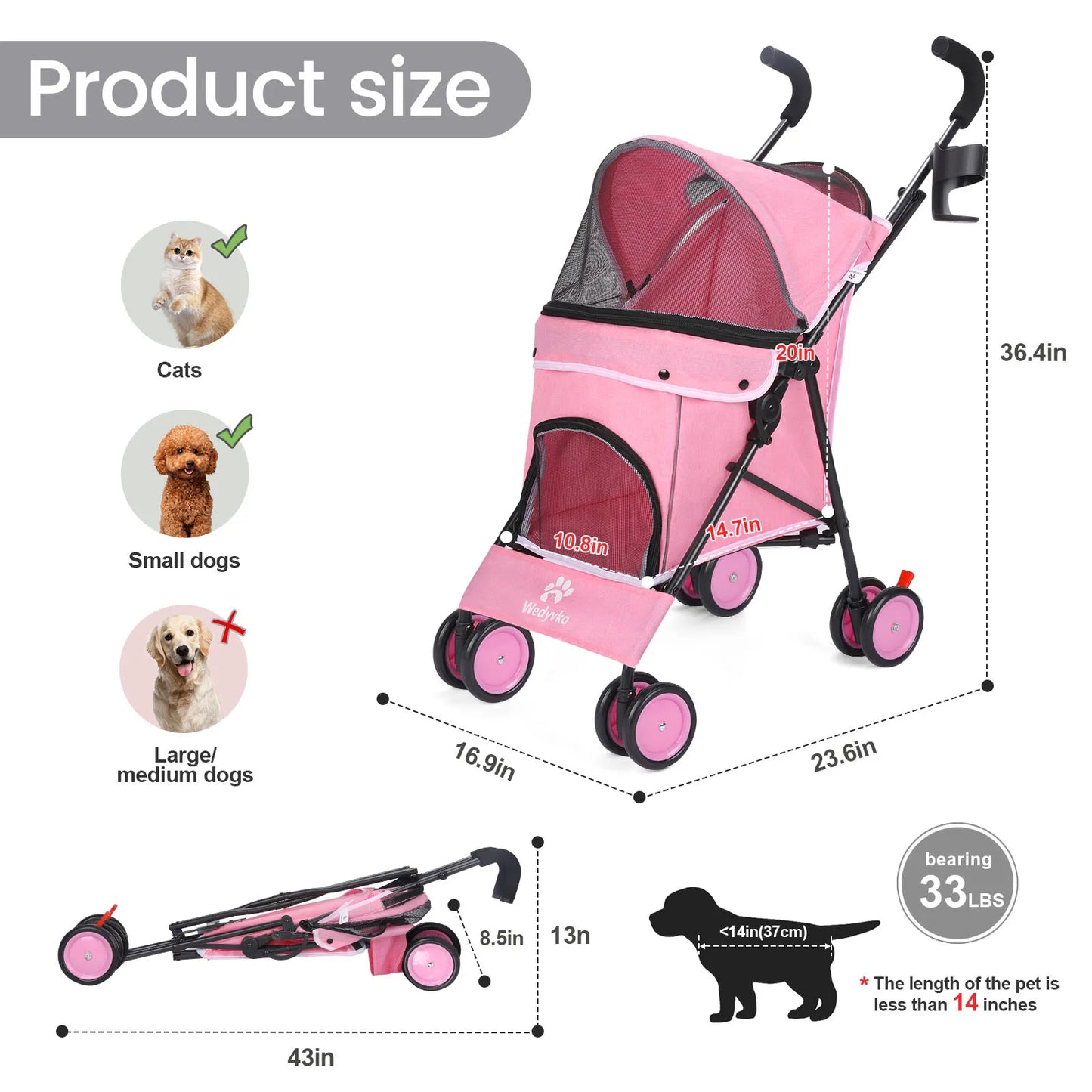 Pet Dog Stroller 4 Wheels Rotating Brakes Storage Travel
