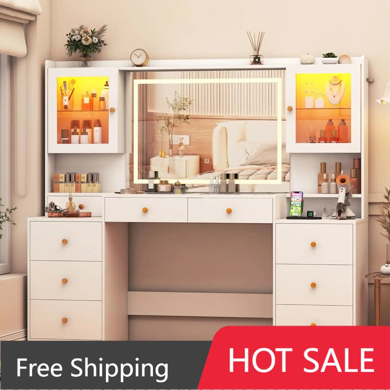 62 Inch Large White Vanity Desk with Tempered Glass Top and 60000-Color LED Lights Makeup Vanity with Power Outlet and 3 Light Mode LED Mirror - Joanie B 25