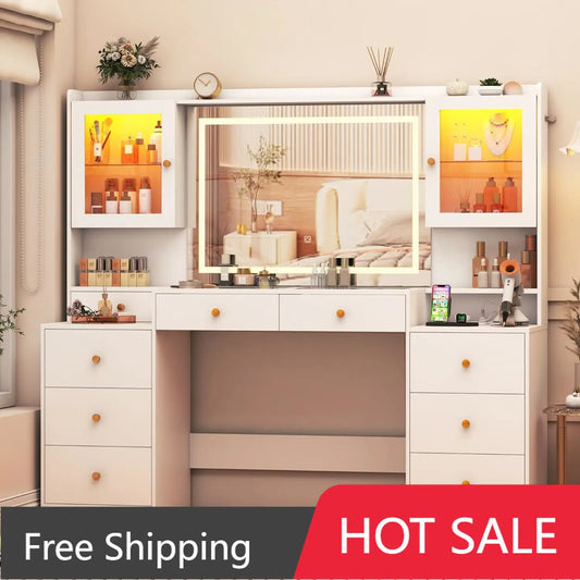 62 Inch Large White Vanity Desk with Tempered Glass Top and 60000-Color LED Lights Makeup Vanity with Power Outlet and 3 Light Mode LED Mirror - Joanie B 25