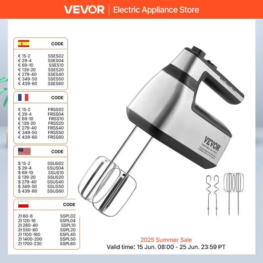 VEVOR Cordless Electric Hand Mixer Continuously Variable Electric Handheld Mixer Baking for Whipp Mixing Egg Cookie Cake Cream