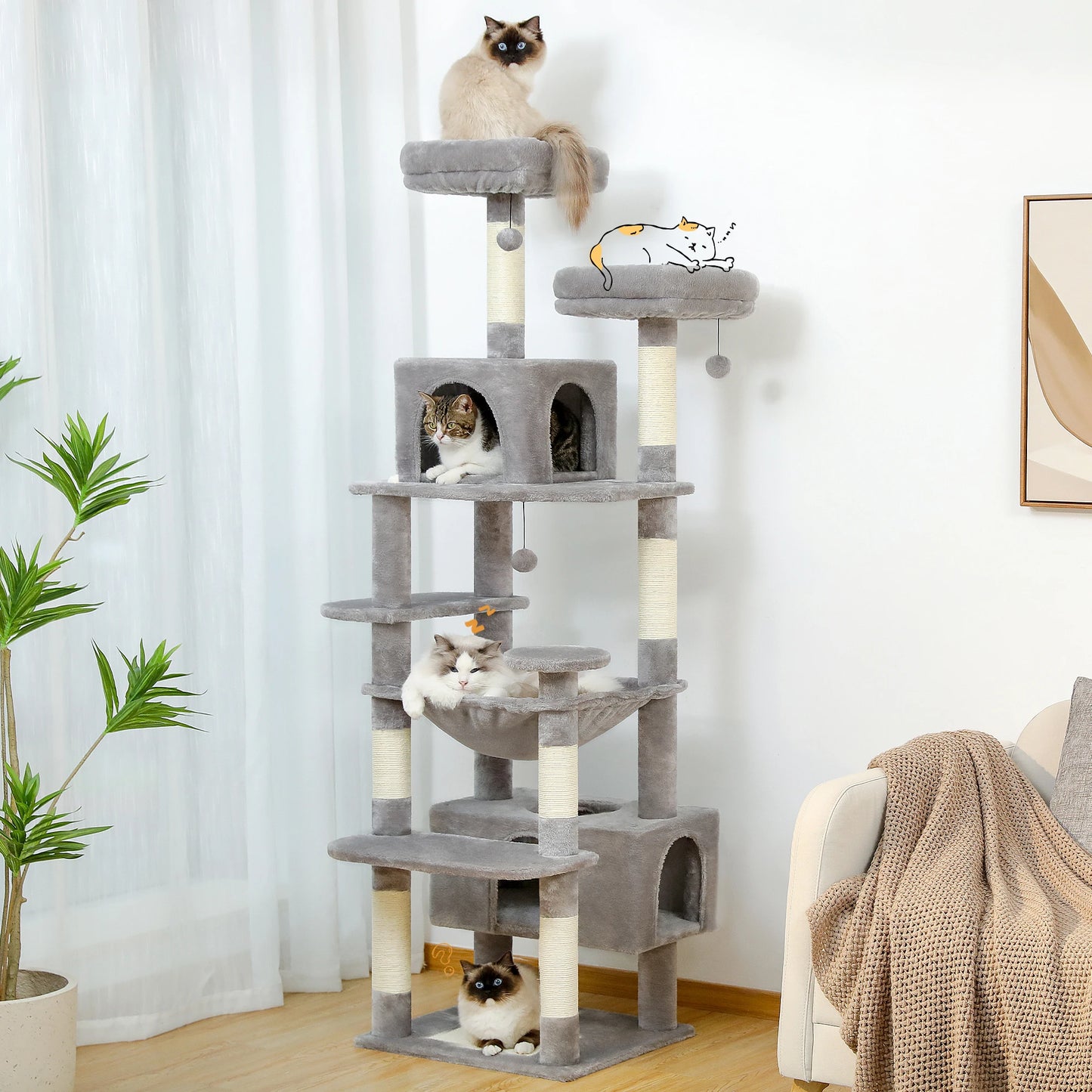 Large Indoor Cat Tree Tower With Sisal Scratching Posts Hammock Perches