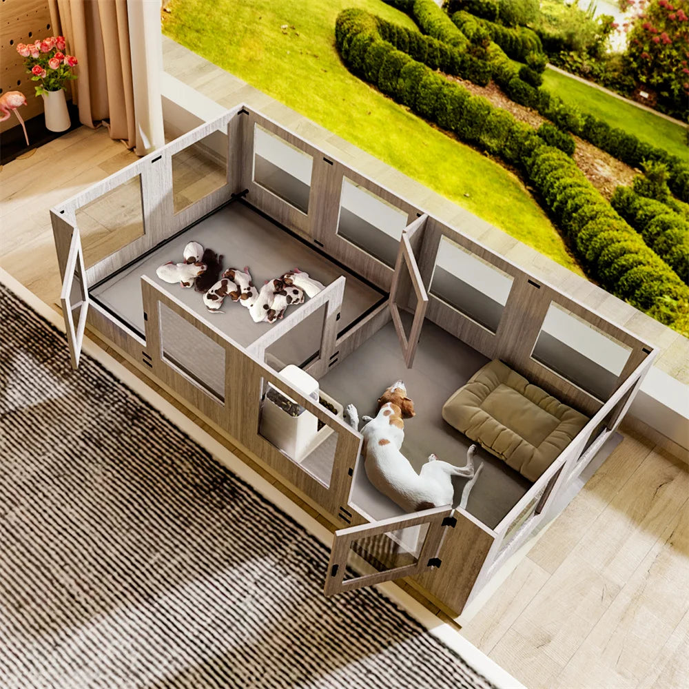 XXL Dog Whelping Box Playpen Two Rooms Tempered Glass