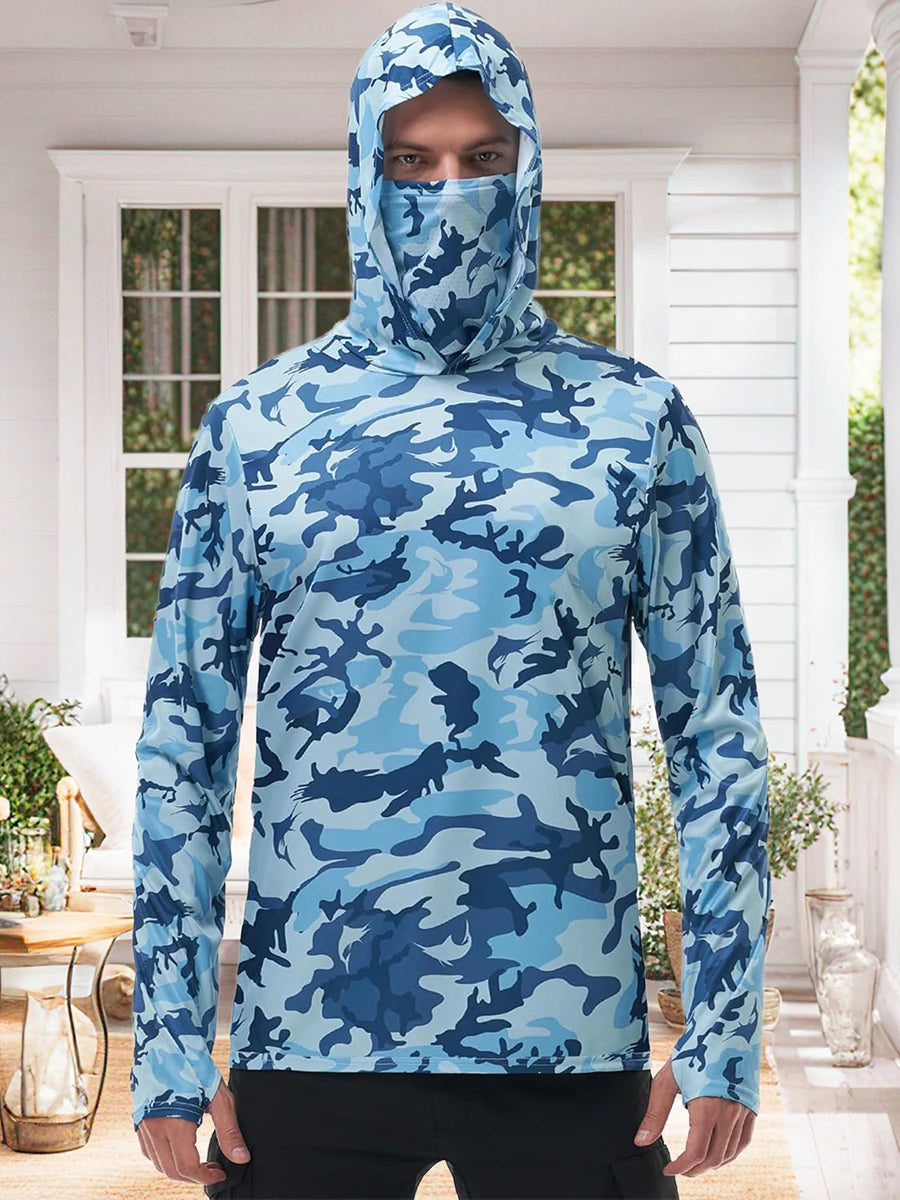 Men's Fishing Shirt Camo Print Hoodie with Built-in Face Mask - Joanie B 25