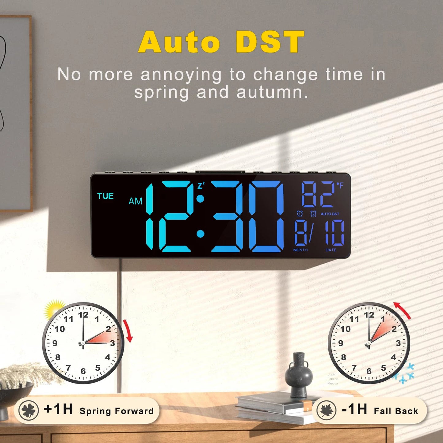 10.5" Digital Wall Clock, LED Display with Remote, Auto DST, Temperature for Living Room, Bedroom, Kitchen