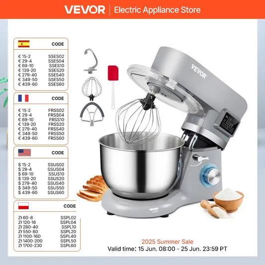 VEVOR 5.5/7L Electric Stand Mixer with 6 Speeds LCD Screen Timing Food Mixer Cream Egg Whisk Whip Dough Kneader with Steel Bowl - Joanie B 25