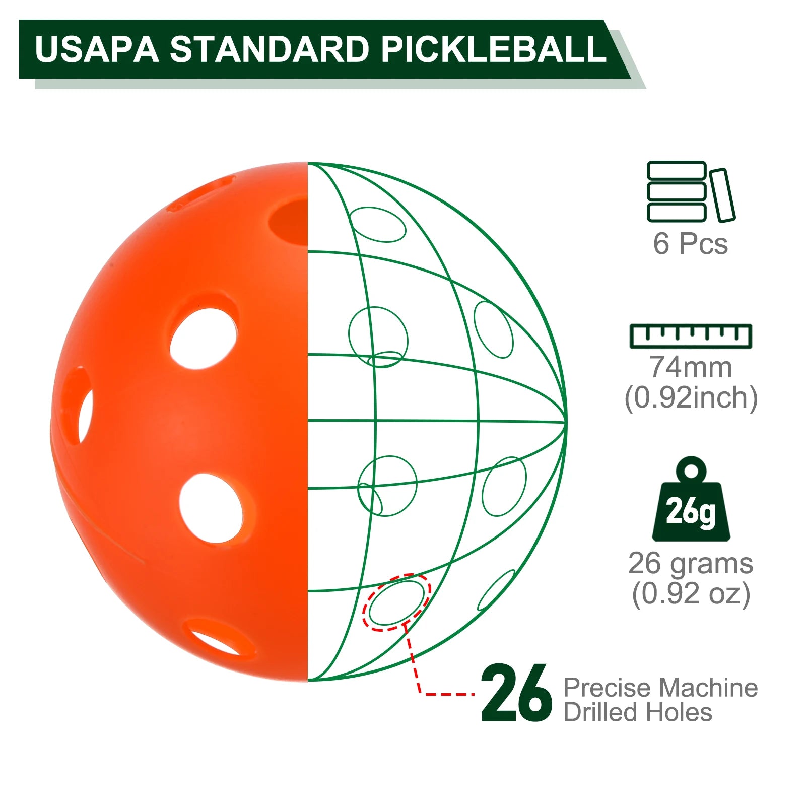 Indoor Pickleball Balls 26 Holes Pickleball 6 Pack for Amateurs Orange - Joanie B 25