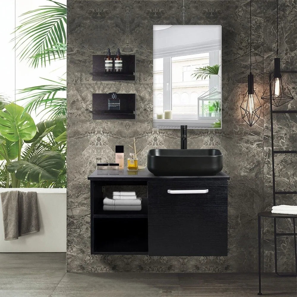 28'' Floating Bathroom Vanity Black Cabinet with Sink Vessel Side Shelves Mirror - Joanie B 25