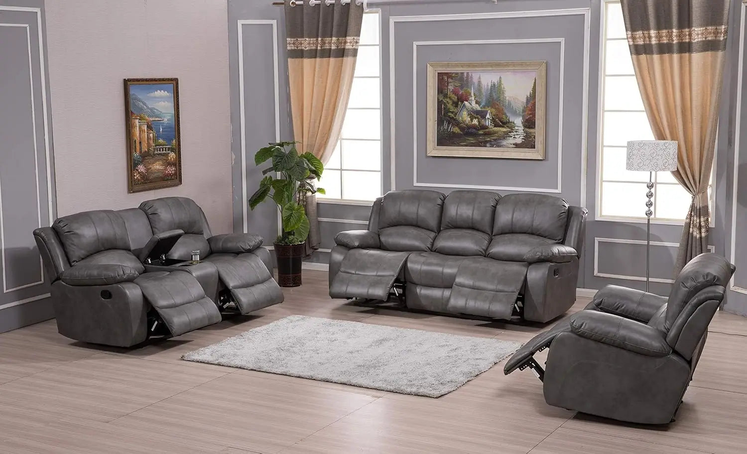 Three Piece Bonded Leather Reclining Sofa Chair Set Gray 8018 Glider Living Room - Joanie B 25
