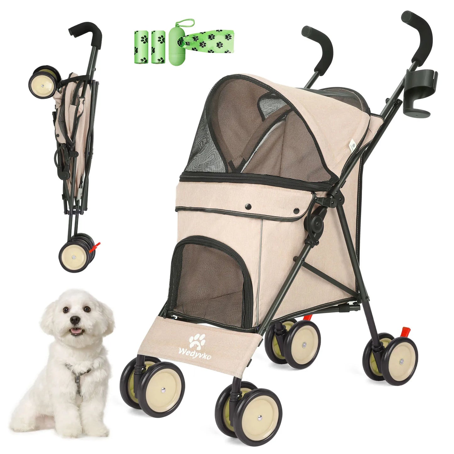 Pet Dog Stroller 4 Wheels Rotating Brakes Storage Travel