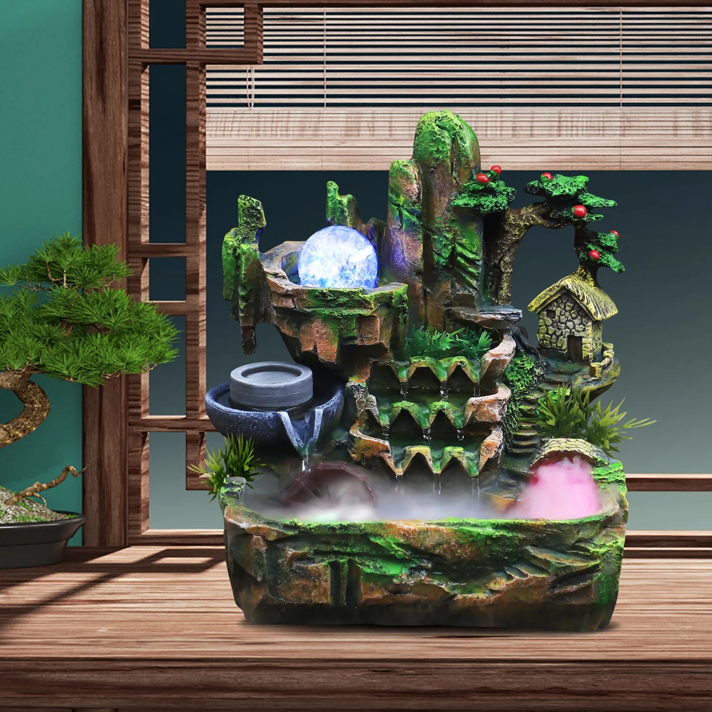 Rockery Fountain, Small Rockery Water Fountain Indoor with LED Lamp Atomization Effect, Suitable for Living Room,Bedroom, Office