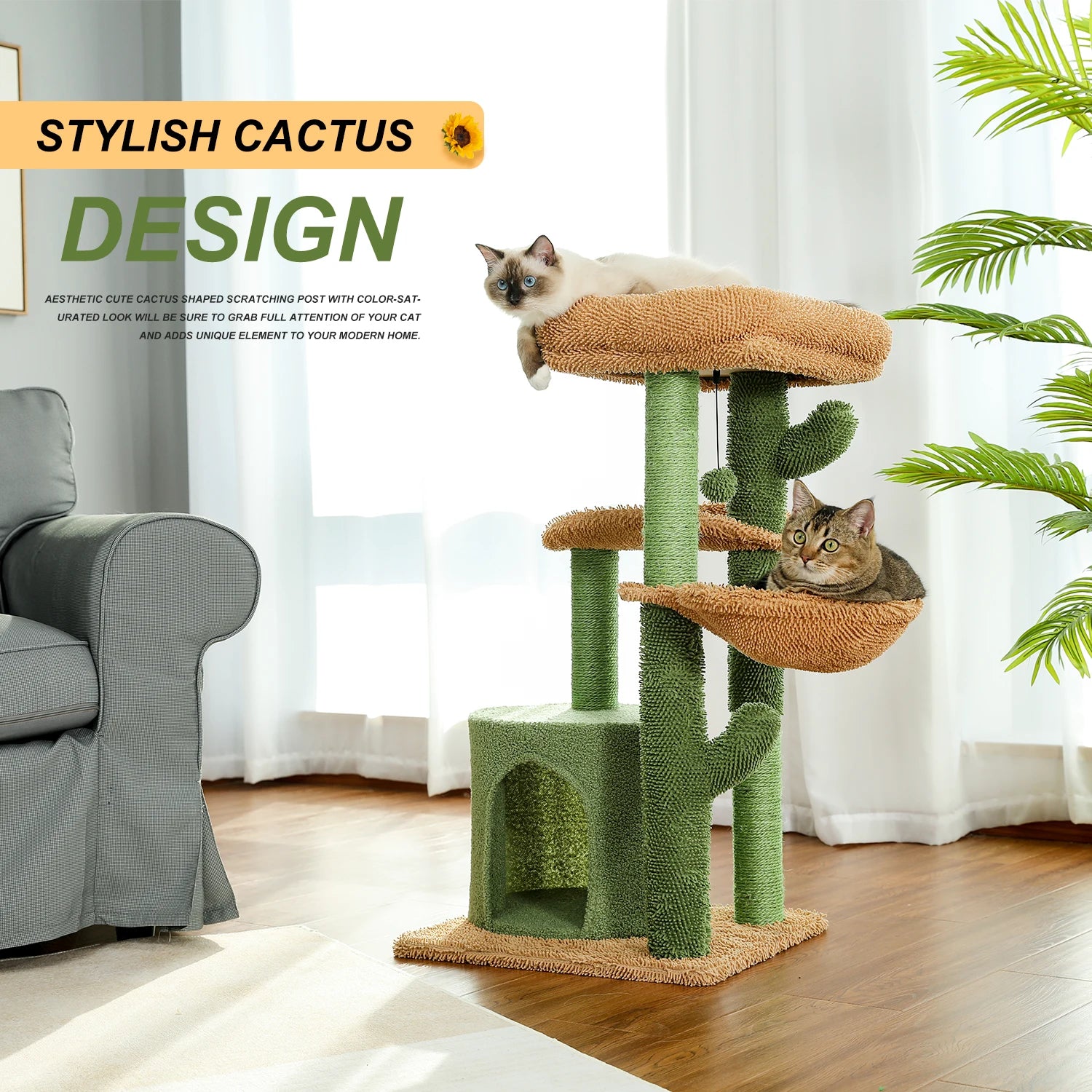 Cactus Cat Tree for Indoor Cats Small Cat Tower with Sisal Scratching Post Cozy Condo and Perches Cat Accessories and Kitten Toys - Joanie B 25