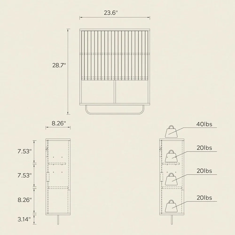 Fluted Wall Cabinet, Modern Medicine Cabinet Bathroom with Doors and Adjustable Shelf Towel Rack Wood Storage Cabinet White