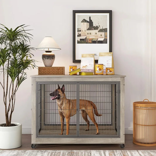 Dog Crate Furniture Wooden Dog Crate Table 437 Inch Dog Kennel with Three Doors Flip Up Top Opening and Wheels Decorative Pet Crate - Joanie B 25