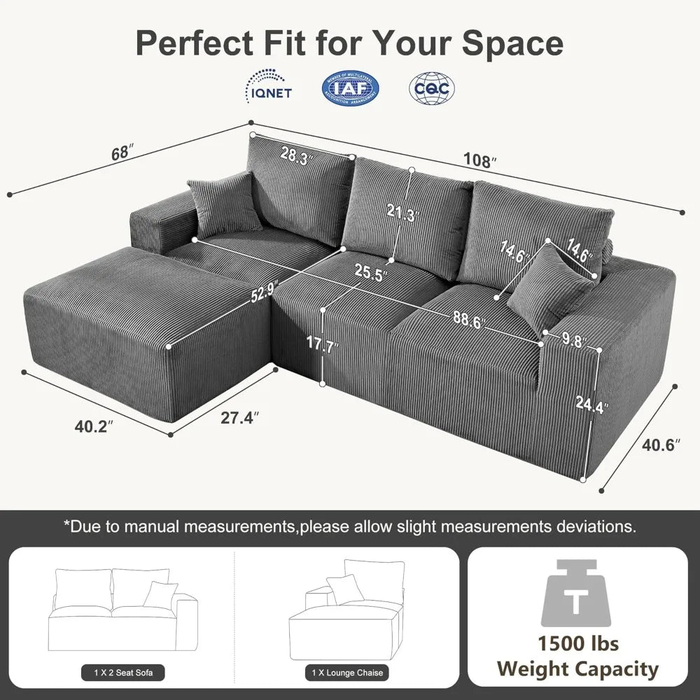 108" Modular Sectional Sofa Deep Seat Compression L-Shape Couch with Chaise Upholstered Living Room Furniture