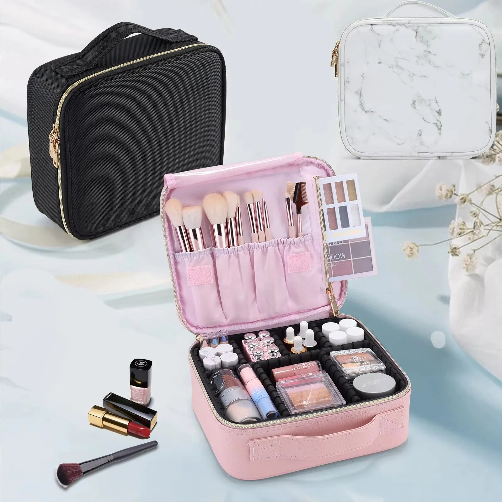 Professional Waterproof Makeup Bag with Adjustable Dividers and Travel Cosmetic Organizer for Brushes and Manicure Supplies - Joanie B 25