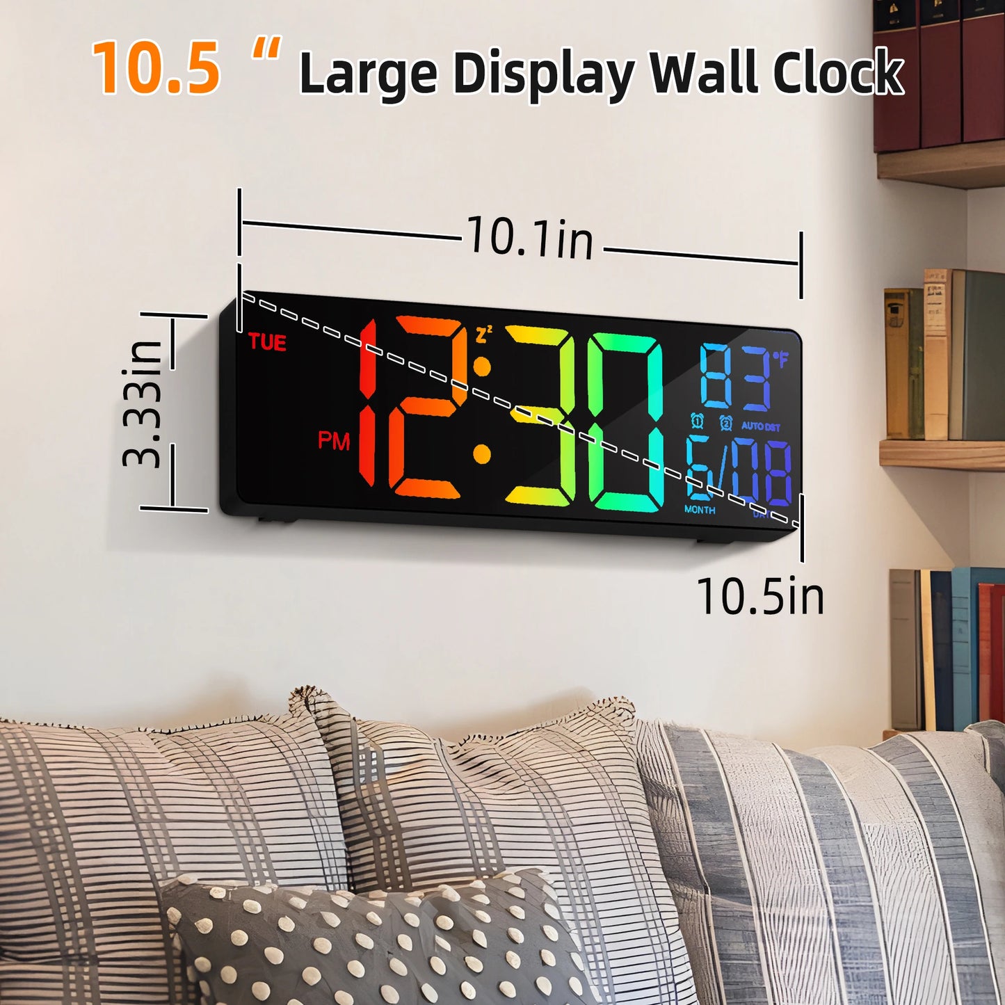 10.5" Digital Wall Clock, LED Display with Remote, Auto DST, Temperature for Living Room, Bedroom, Kitchen