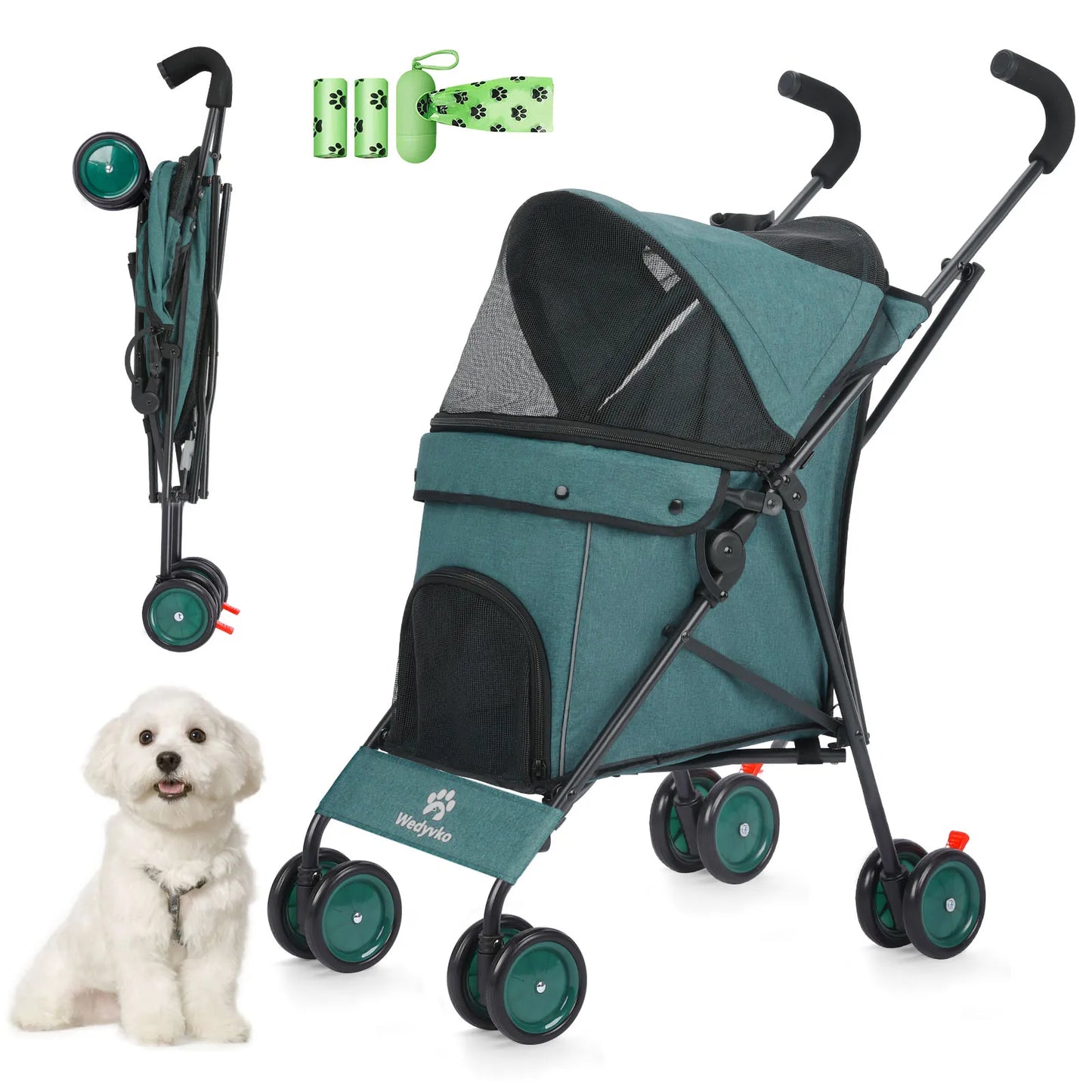 Pet Dog Stroller 4 Wheels Rotating Brakes Storage Travel