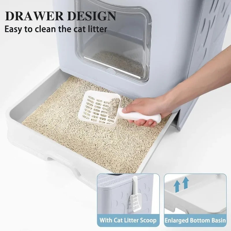 Foldable Cat Litter Box with Lid Extra Large Scoop Drawer Type Pan Easy to Scoop and Low Tracking - Joanie B 25
