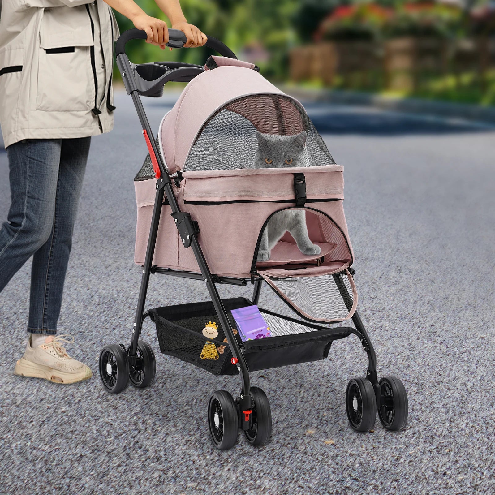 Pink Pet Stroller for Cats and Dogs Foldable Puppy Stroller with Storage for Small Medium Pets Up to 30 Pounds - Joanie B 25