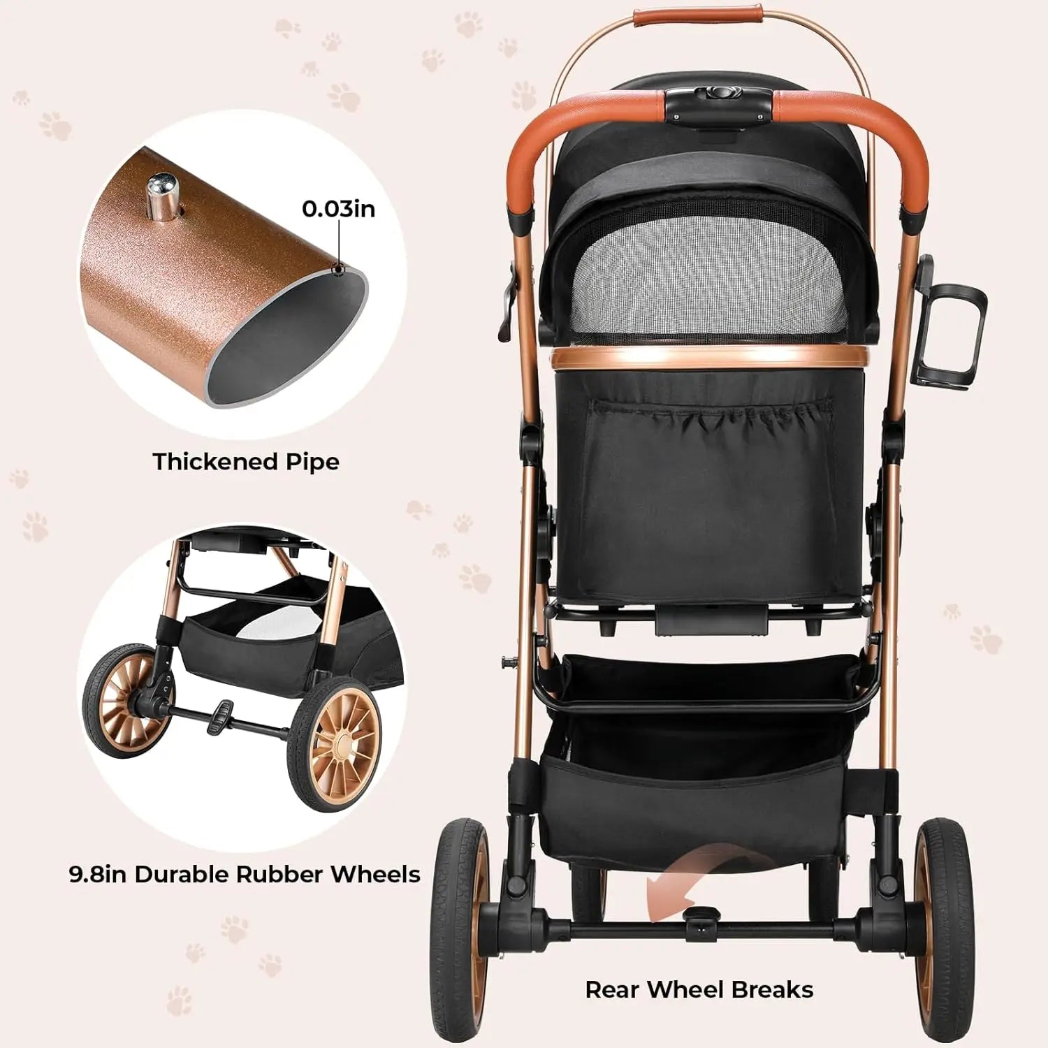 360 Degree Rubber Wheels and Shock Absorption Dog Buggy Stroller Foldable Pet Carrier for Small Dogs and Cats Up to 40 Kilograms - Joanie B 25