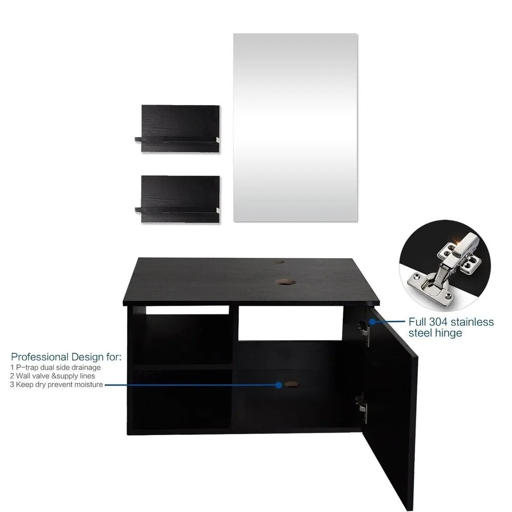 28'' Floating Bathroom Vanity Black Cabinet with Sink Vessel Side Shelves Mirror - Joanie B 25