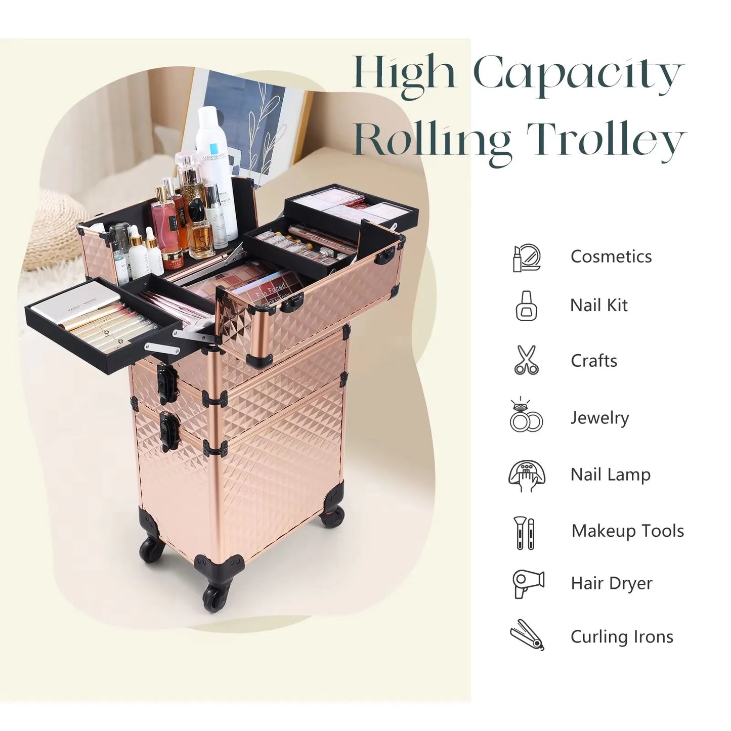 Rolling Makeup Case 3 In 1 Removable Make Up Case Cosmetology Case On Wheels Large Capacity Lockable Makeup Trolley For Salon - Joanie B 25