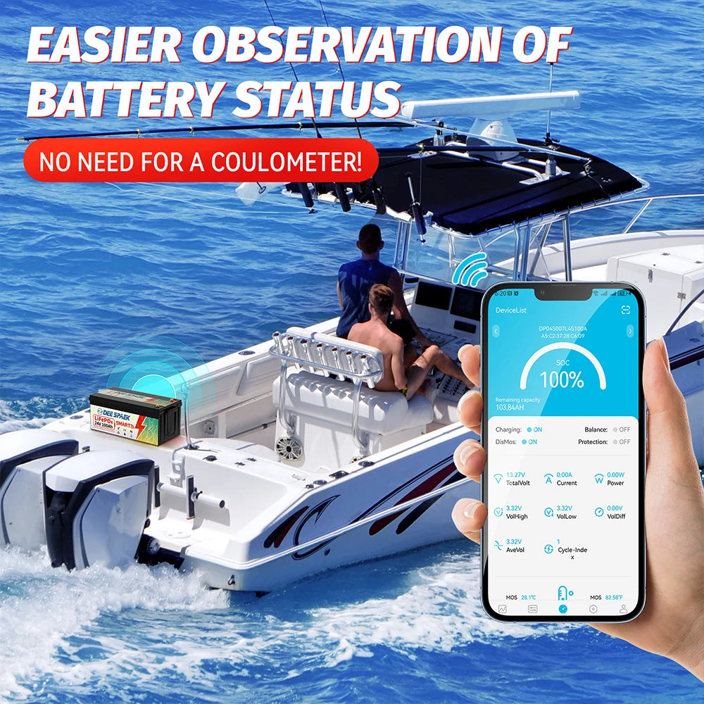 24V 100Ah LiFePO4 Battery Bluetooth With BMS 8000+Deep Cycles For Camper RV Home Energy Solar Trolling Motor 24V Lithium Battery