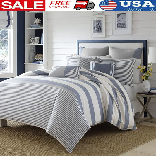 Cotton Twin Duvet Cover Set Reversible Bedding Matching Sham Mediterranean Stripe Design Heavyweight Herringbone Weave All