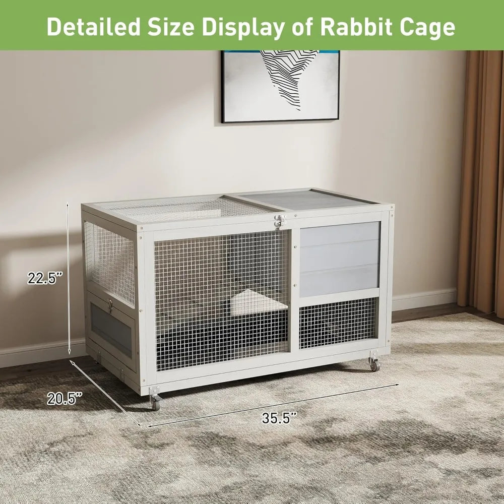 Fashionable Wooden 36-Inch Rabbit Hutch Indoor on Wheels with Clean Tray Openable Roof and Anti-Slip Rails - Joanie B 25