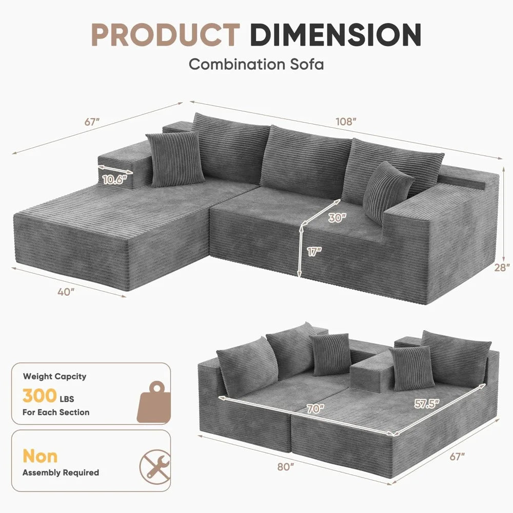 108 Inch Modular Sectional Sofa with L Shaped Chaise and Deep Seat Cushioned