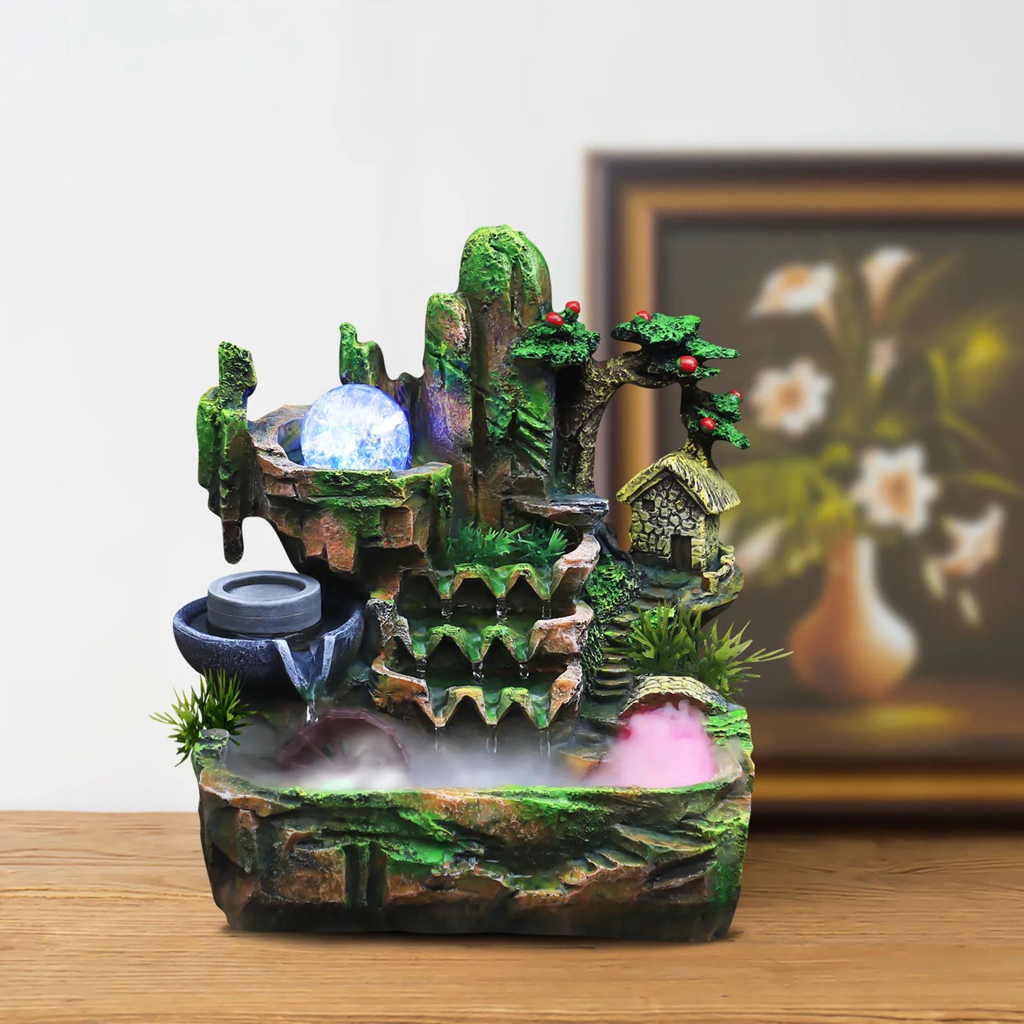 Rockery Fountain, Small Rockery Water Fountain Indoor with LED Lamp Atomization Effect, Suitable for Living Room,Bedroom, Office