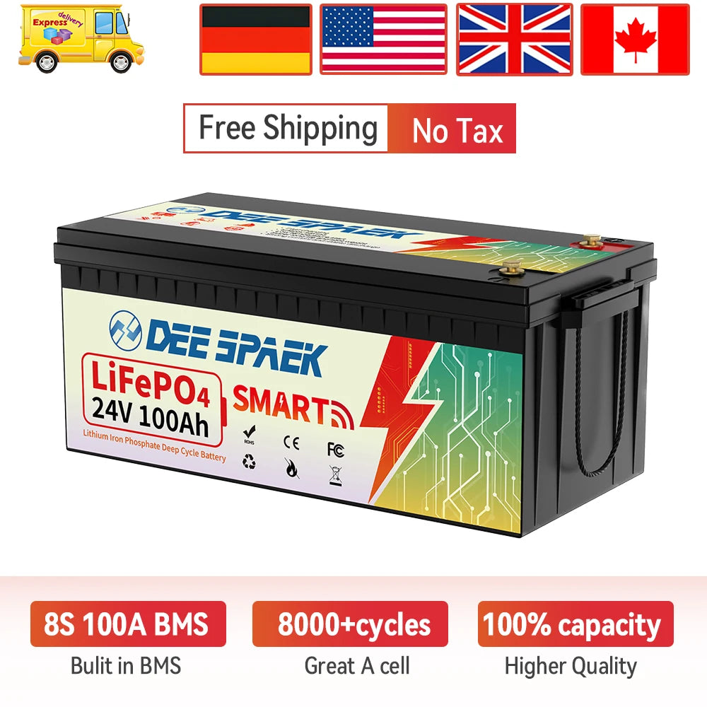 24V 100Ah LiFePO4 Battery Bluetooth With BMS 8000+Deep Cycles For Camper RV Home Energy Solar Trolling Motor 24V Lithium Battery