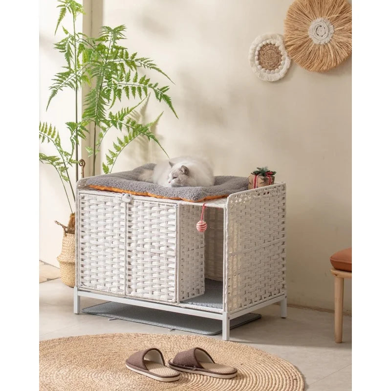 Cat Litter Box Enclosure Furniture with Divider Handwoven Rattan Litter Box with Mat 31.2x19.6x24.2 Inches Metal Heightened - Joanie B 25