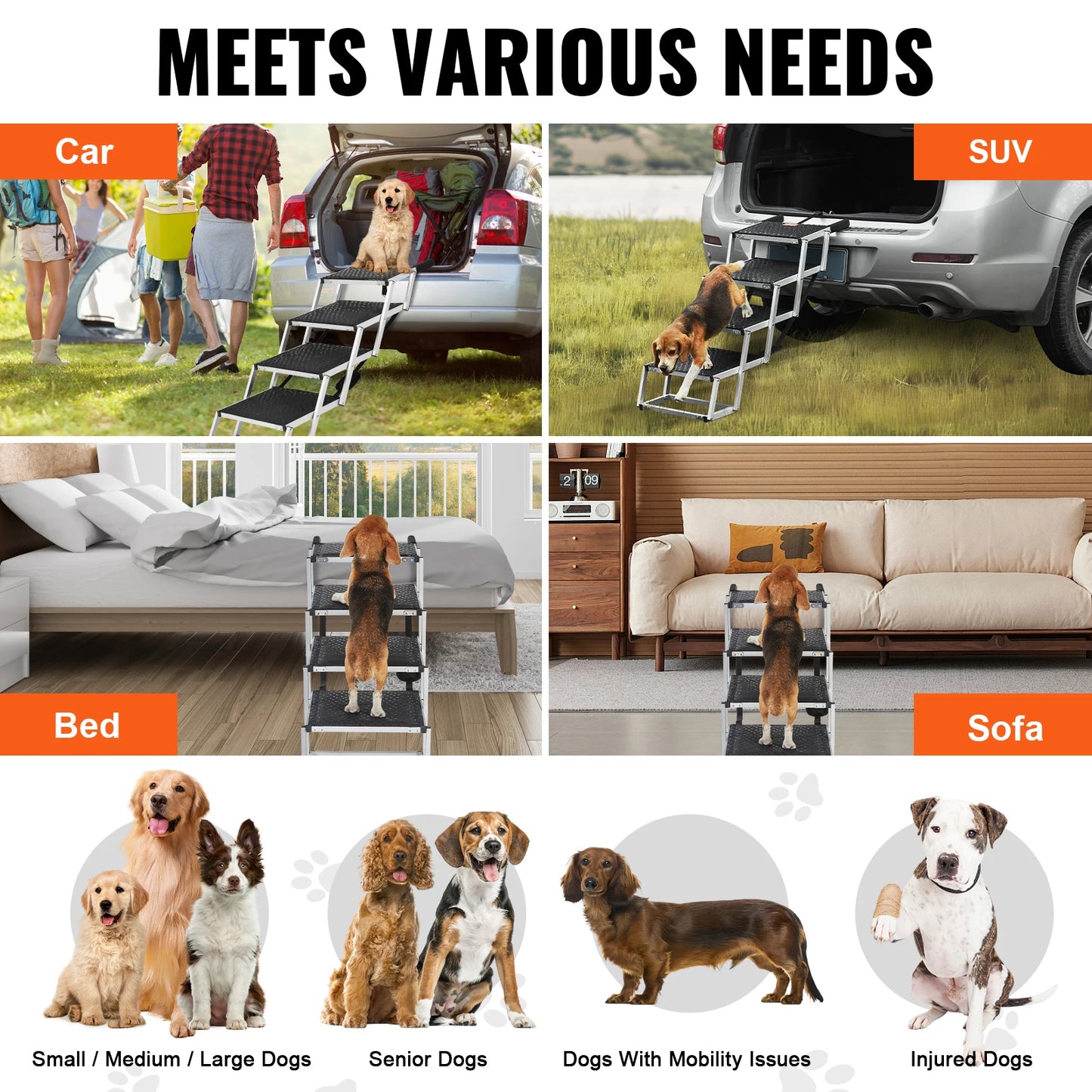 VEVOR Dog Stair for Cars Wide 4 Step Folding Portable Pet Steps Lightweight Aluminum Supports Up to 150 Pounds - Joanie B 25
