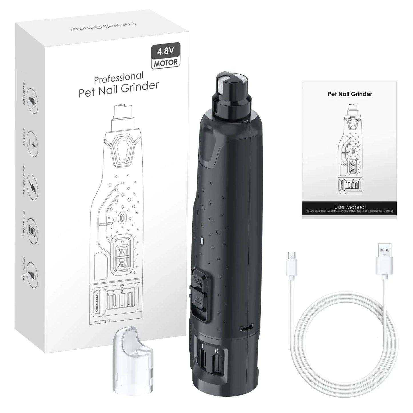 Quiet USB Rechargeable Dog Nail Grinder With 6 Speeds LED