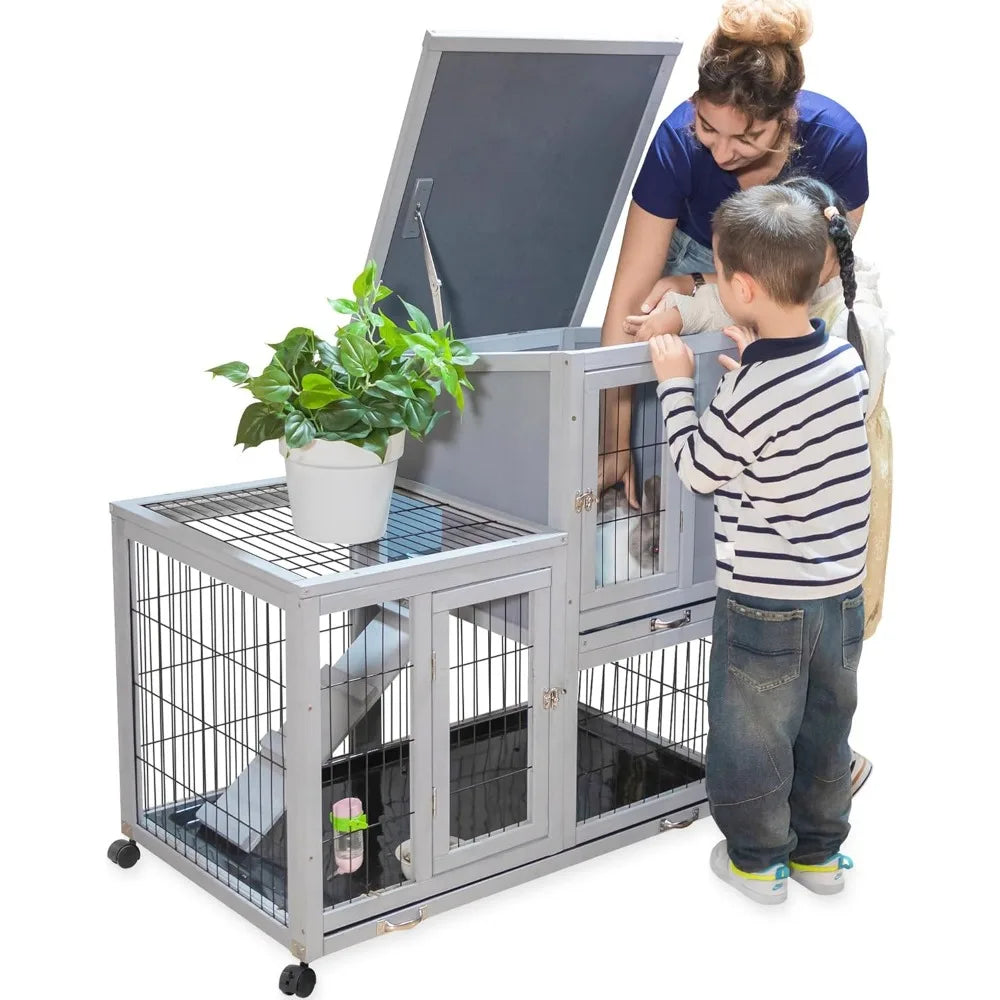 Large 39 Inch Wooden Rabbit Hutch Indoor Outdoor Two-Story Bunny Cage with Wheels Removable Trays and Easy Assembly - Joanie B 25