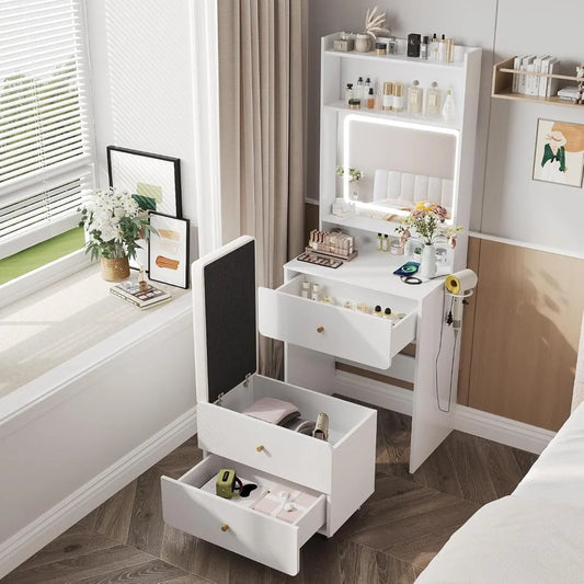 Make Up Vanity Desk with Mirror and Lights White Vanity Table Set with Charger Station Girls Small Vanity and Storage C - Joanie B 25