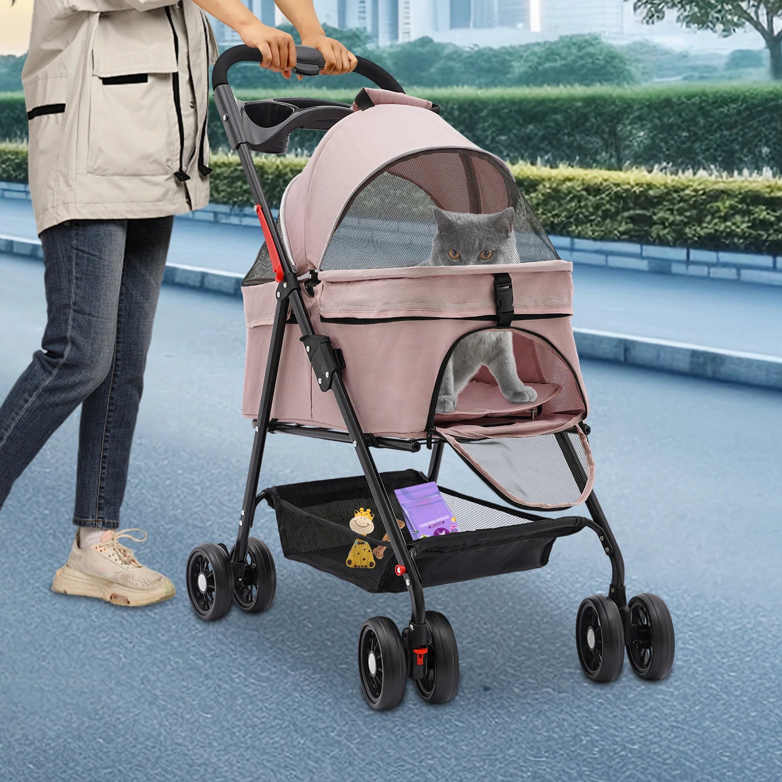 Pink Pet Stroller for Cats and Dogs Foldable Puppy Stroller with Storage for Small Medium Pets Up to 30 Pounds - Joanie B 25