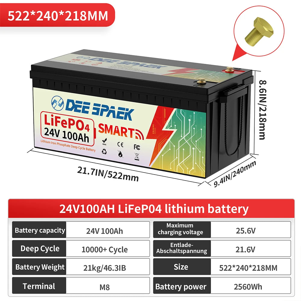 24V 100Ah LiFePO4 Battery Bluetooth With BMS 8000+Deep Cycles For Camper RV Home Energy Solar Trolling Motor 24V Lithium Battery