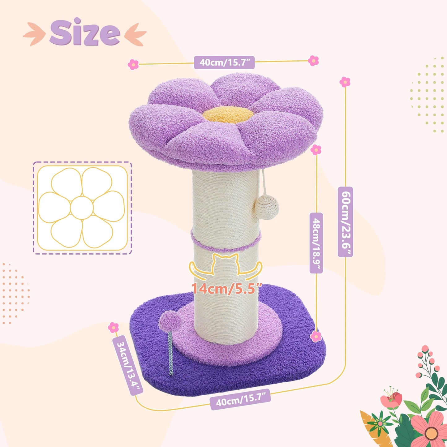 Flower Cat Scratching Post Small Cat Tree Tower with Removable Bed and Super Thick Sisal Post for Indoor Cats - Joanie B 25