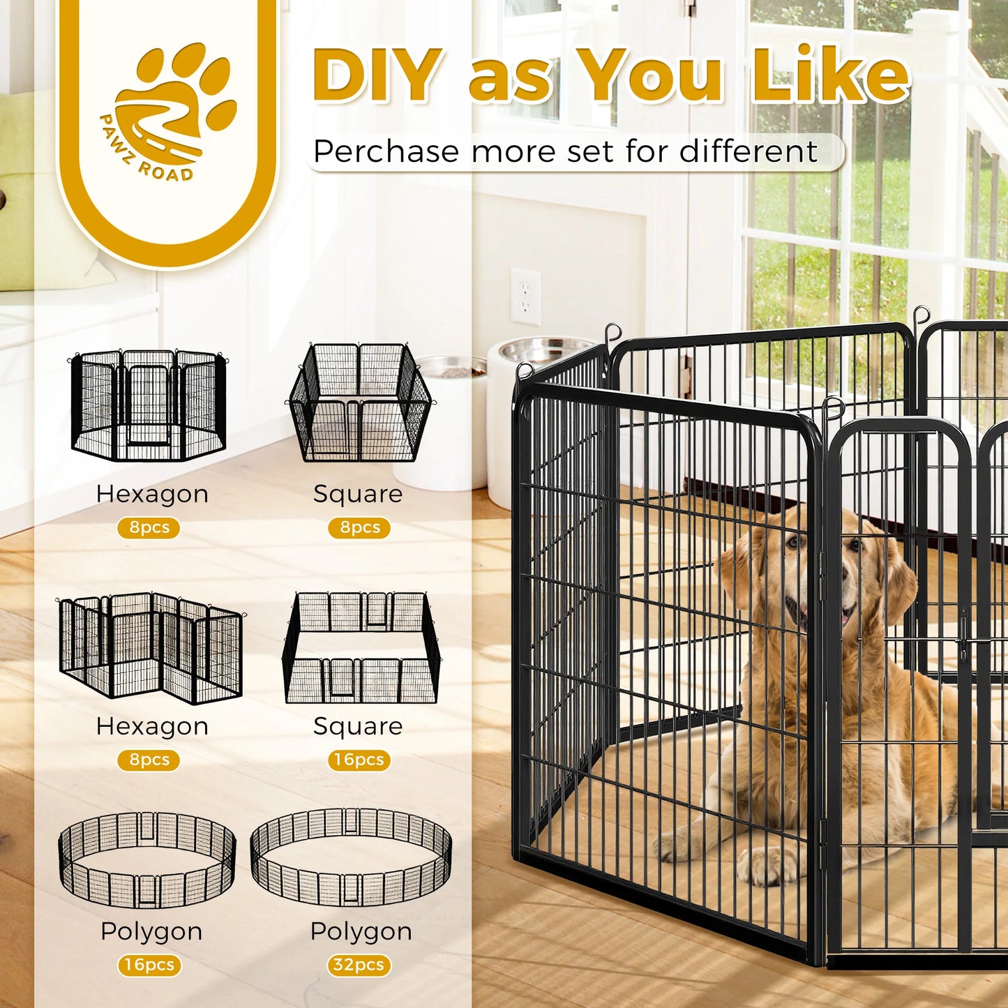 Dog Playpen with Door, Outdoor/Indoor Foldable Metal Pet Fence, Heavy Duty Puppy Exercise Pen for Yard, RV Camping, DIY Pet Cage